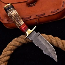 Stag Antler Handle Damascus Steel Fixed Blade hunting Knife 8” Custom Camping