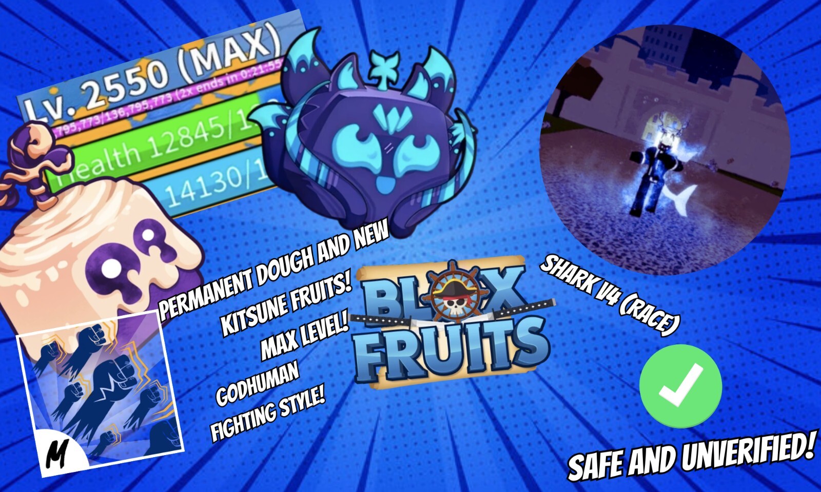 Roblox Blox Fruits Account Max Level 2250, Perm Dough &amp;amp;amp;amp; Kitsune, and V4 Shark
