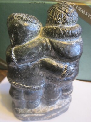 Wolf ORIGINAL Soapstone Sculpture Inuit Carving Of 2 Eskimos MADE