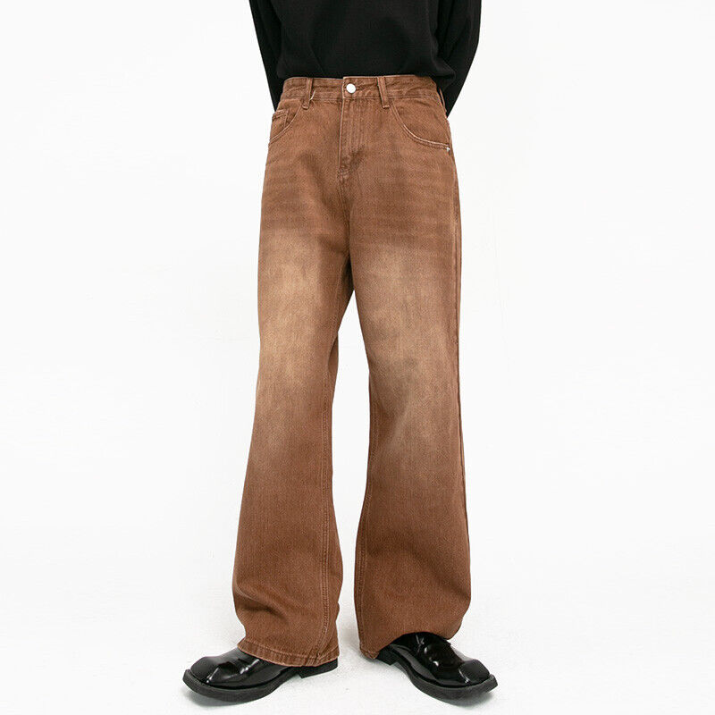 Men Loose Brown Denim Pants Straight Wide Leg Jeans Trouser Distressed Long  Soft