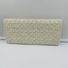Vtg Flapper Style Clutch Ivory Beaded Sequined White Satin Hand Made Hong Kong