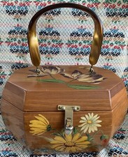 ViNtAgE Wood PURSE Decoupage Flowers Lucite Handle Octagonal Handbag Lined BOX