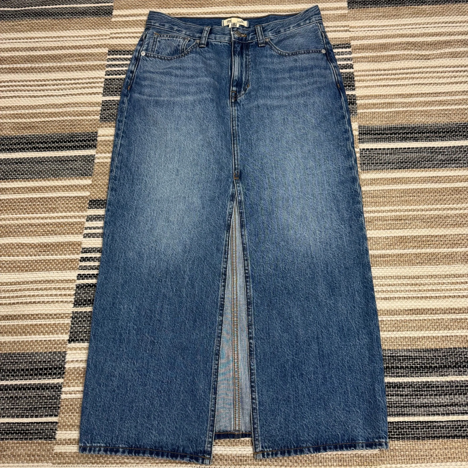 Madewell Women's Front Slit Midi Denim Skirt High Rise Button Zip Closure Sz 25