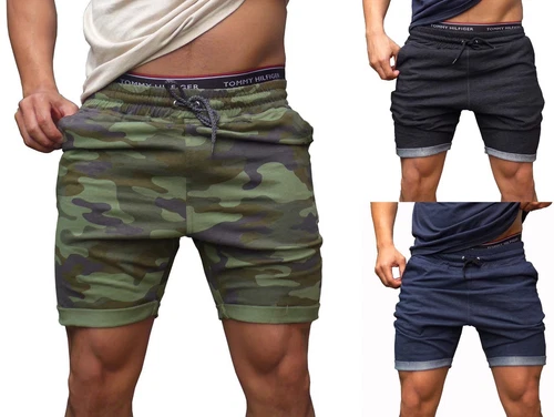 MENS SHORTS tapered leg SLIM cuffed bodybuilding GYM Track Casual CAMO ARMY 024