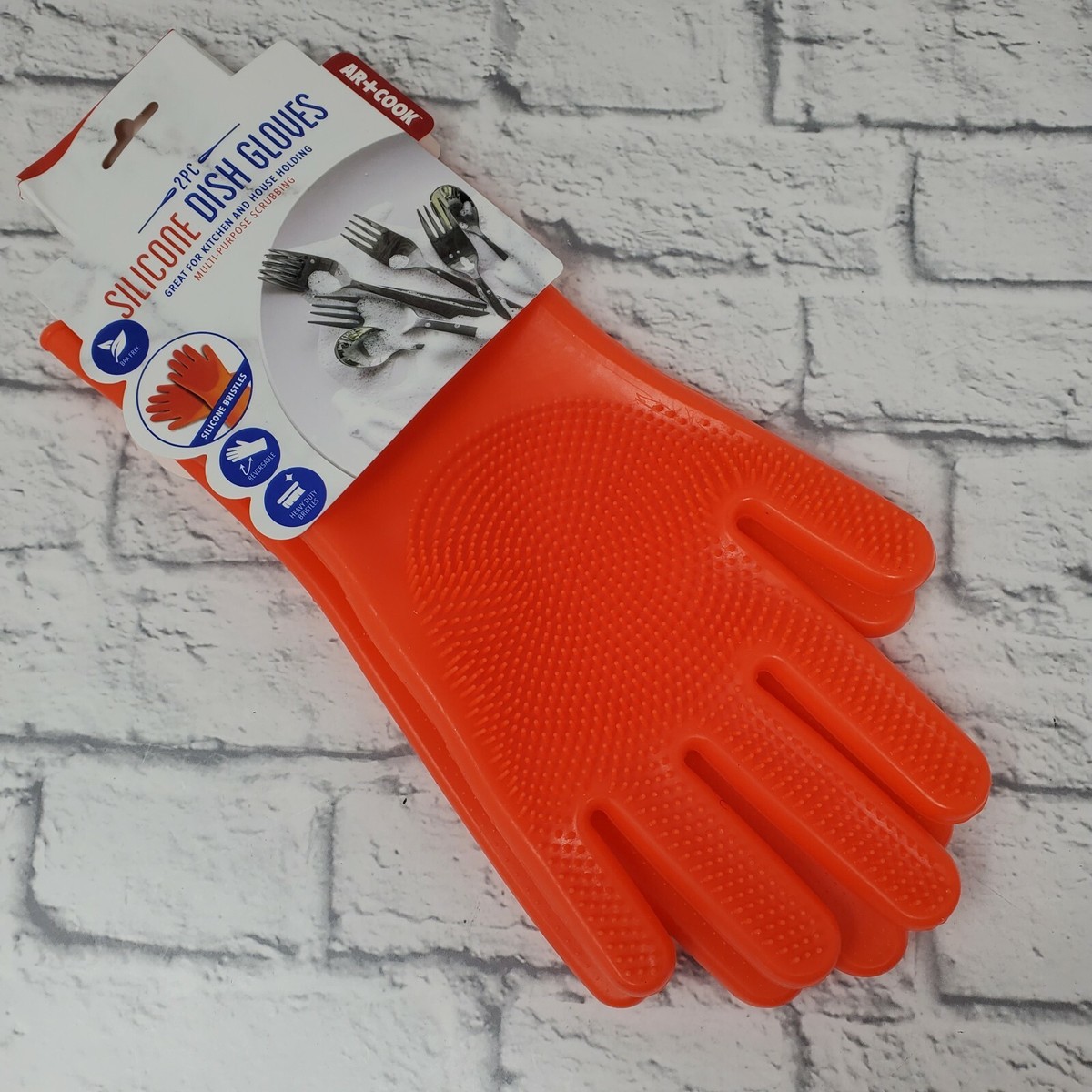 Art Cook Silicone Scrubbing Dish Gloves with Bristles, Set of 2, Orange