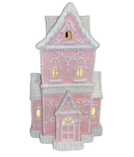 Christmas PINK Victorian Glitter Lighted Gingerbread Hand Painted House 14" NEW