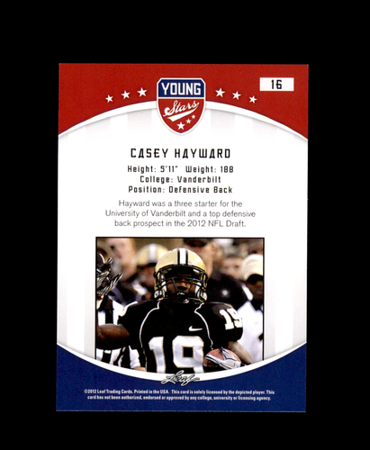 2012 Leaf Young Stars Draft #16 Casey Hayward Vanderbilt Green Bay Packers - Picture 2 of 2