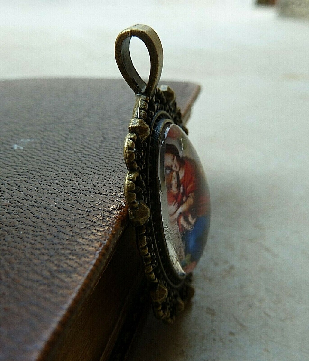 Pendentif Médaillon Vierge Marie En Bronze Avec Cabochon Verre - Style Vintage - Fait Main - Neuf Sans Emballage