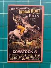 Dr. Morse's Indian Root Pills trade card  - Native American on horse fights bear