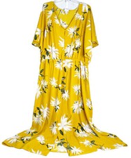 Ava Viv Sz 3XL Yellow White Floral Maxi Dress Flutter Sleeve Front Slit EUC