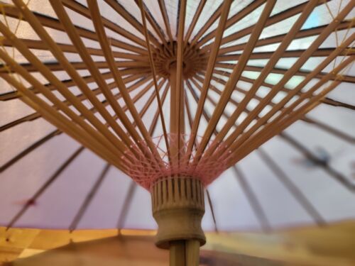 Vintage 22" Bamboo & Lavendar Silk Flowers & Butterfly's Parasol / Unbrella - Picture 4 of 10