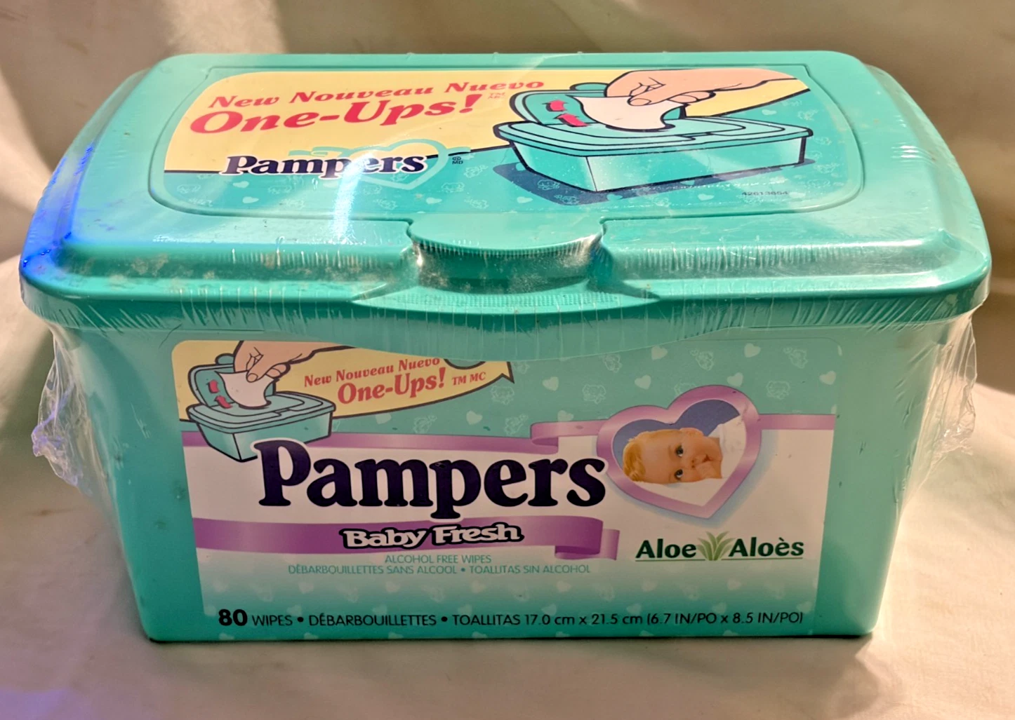 NEW NOS Baby Wipe Container Pampers One Ups 80ct Fresh Aloe Refillable Teal 2000