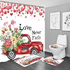 4PCS Valentine's Day Lvoe and Rose Shower Curtain Set with Non-Slip Rugs,Lid ...