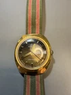 Vintage  1970s Timex Automatic Day-Date Gold Tone Cushion Case NATO Strap Runs