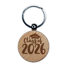 Class of 2026 Graduation Cap Script Engraved Wood Round Keychain Tag Charm