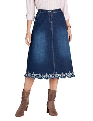 Damen Jeansrock mit besticktem Saum - Jakobsmuschelsaum, elastischer Bund & Taschen
