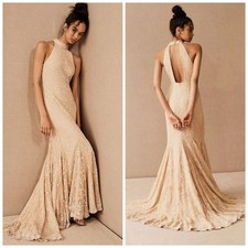 Anthropologie BHLDN Daisy Wedding Gown Dress Bridal Tan Lace Halter Size 6