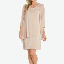 NWT R M Richards Womens Beige Glitter Crew Neck 3/4 Sleeve Jacket Dress Size 12
