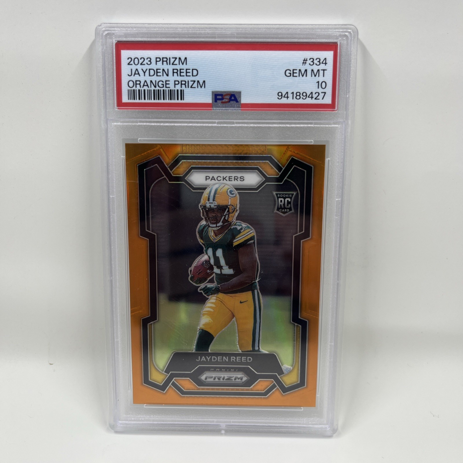 2023 Panini Prizm #334 Jayden Reed PSA 10 Orange Prizm 86/249 GEM MT RC Packers