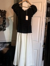 Doen Enya Cotton Poplin Smocked Short Sleeve Midi Maxi L Dress Black Salt White