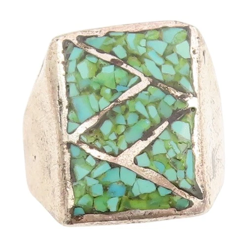 925 Sterling Silver Vintage Ring NAVAJO ZUNI Crushed Turquoise Band Sz 9 RG33916