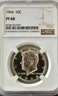 1964 PROOF KENNEDY, NGC PR68, NEAR CAMEO DESIGNATION, NO SPOTS, HAZE, OR TONING