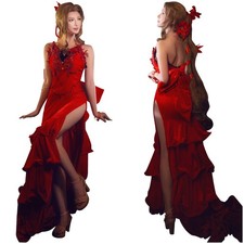 FF VII Remake FF7 Aerith Gainsborough Cosplay Costume Girl Red Dress Chain Full