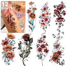Large Half Arm Temporary Tattoos for Women, Shoulder Leg Back Flower Tattoo