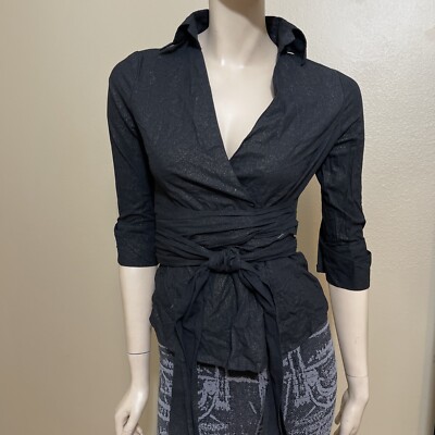 Women s Black Glitter Cotton Casual Button Tie Belt Collared Size S Top Blouse