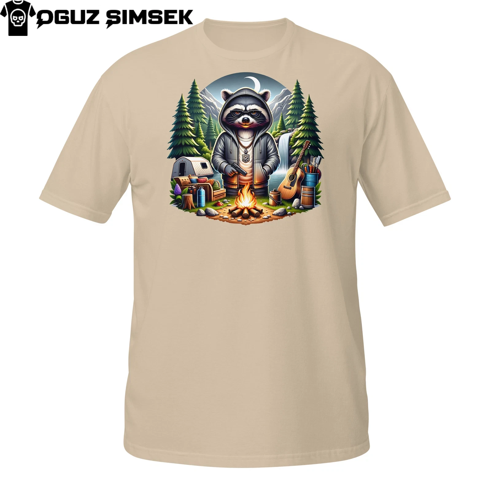Raccoon Camping T-Shirt | Gangster Animal by Campfire | Moonlight Forest Tee