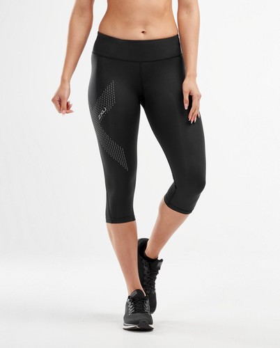 Medias de compresión 3/4 de tiro medio para mujer 2XU - negras/punteadas reflectantes, X-pequeñas - Imagen 2 de 6