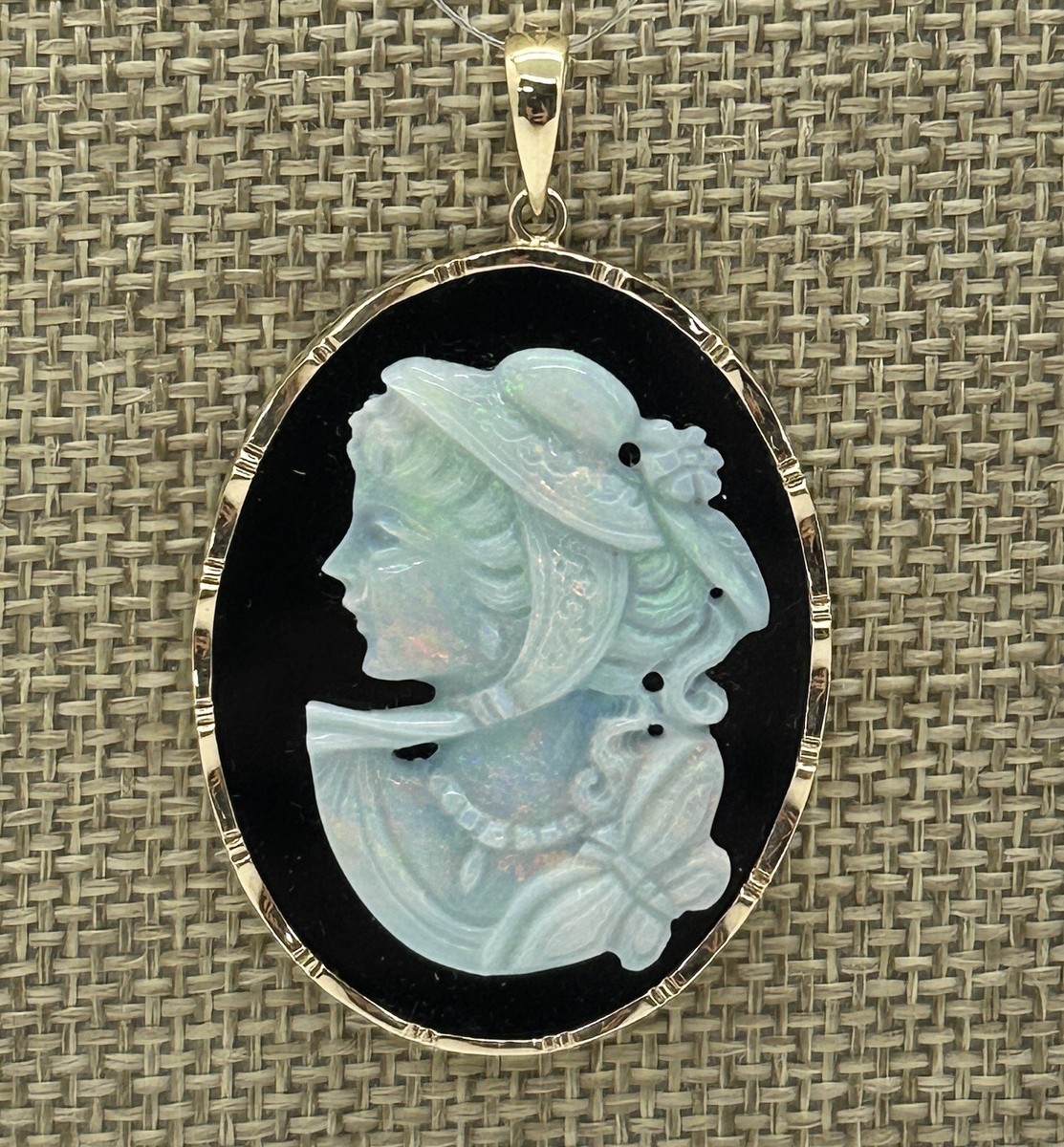 Antique Vintage 14k 585 Yellow Gold Carved Opal Cameo Onyx Bevel