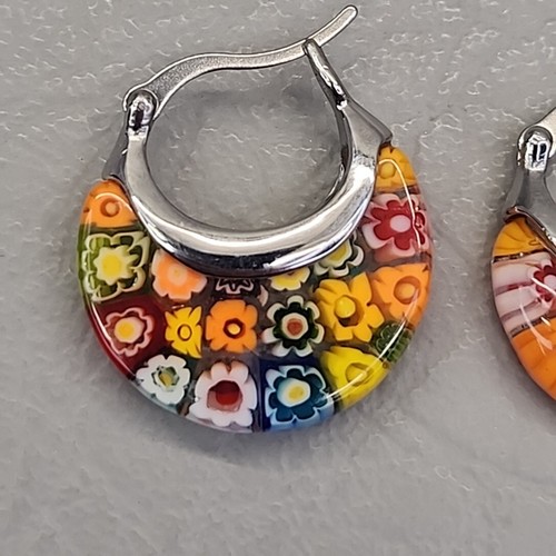 Millefiori Hoop Earrings Hinged Round Glass Multicolor Flowers Stainless Steel - Picture 10 of 13