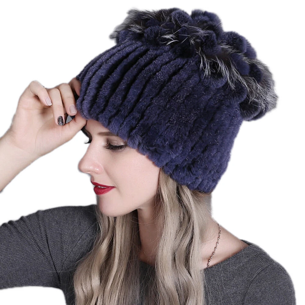 Real Rex Rabbit Fur Hats Women Winter Warm Vertical Beanie Cap With Fox Fur