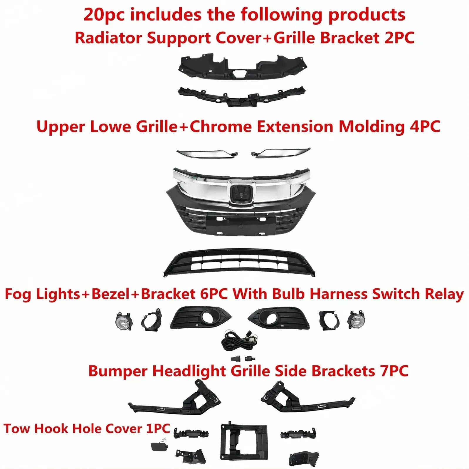 20PC For 2019-2021 HRV Front Grille Radiator Cover Bumper Brackets Fog Lights