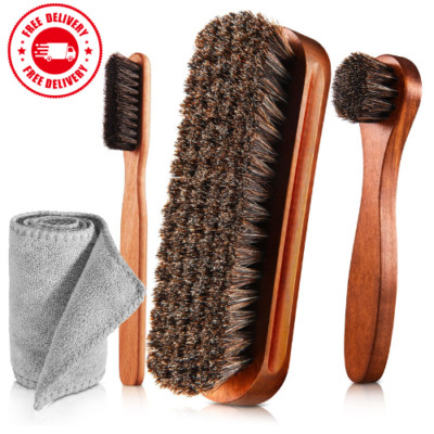 4-Piece Horsehair Shoe Brush Kit - Polish, Clean, & Care for Leather & Suede