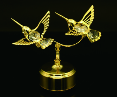 SWAROVSKI CRYSTALSTUDDED DOUBLE HUMMINGBIRD ROTATING MUSIC BOX 24K GOLD PLATED