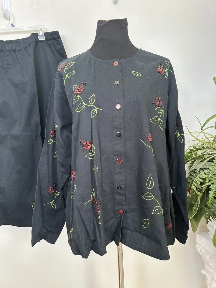 NWT Quaker Factory Embroidered Boho Ladybird Black Shirt Jacket Skirt Set Sz 2X - Image 2 of 4