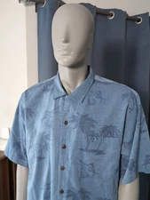 AFTCO Bluewater Hawaiian Shirt Mens XL Blue Palm Tree Swordfish Print Fishing