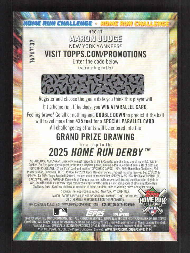 Aaron Judge 2024 Topps Home Run Challenge (Series One) New York Yankees #HRC-17 - Image 2 of 2