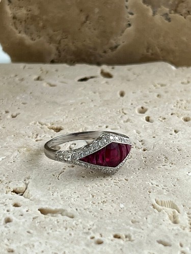 Kunst Deko Inspiriert Rubin Diamant Platin Ring Natur Oval Französisch Schnitt - Bild 7 von 9