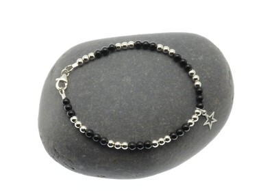 Fußkettchen Schwarz Onyx 925 Sterling Silber Perlen Stern Charm Verschluss Handarbeit Geschenk