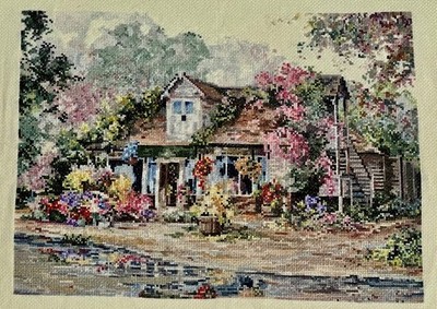 Finished Completed Lake Side Cottage Cross Stitch Piece -Stitched 1 Over 1