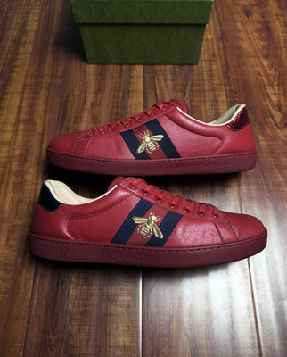 Gucci Ace Web Embroidered Red Bee Navy Mens Leather Sneakers - Size 8.5G 9US