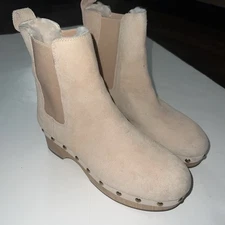 J. Crew Faux-fur Lined Clog Suede Boots Womens Size 6 Beige Wood Sole Chelsea