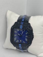 Mens Blue Iced Out Watch Black Crystal Roman Numeral Luxury Style