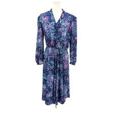 Vintage Made in USA Floral Midi Dress Size 16 Blue Purple Button Front Painterly