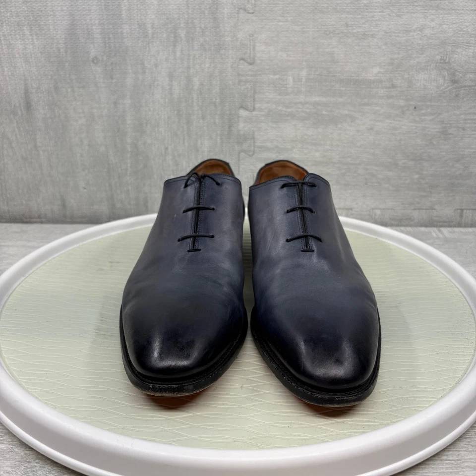 Sapatos sociais Santoni 2152 mão envelhecida biqueira lisa bal Oxford azul ombre couro - Imagem 2 de 4