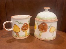 Vintage Mushroom Paints Creamer And Sugar Set  Whimsical 70s