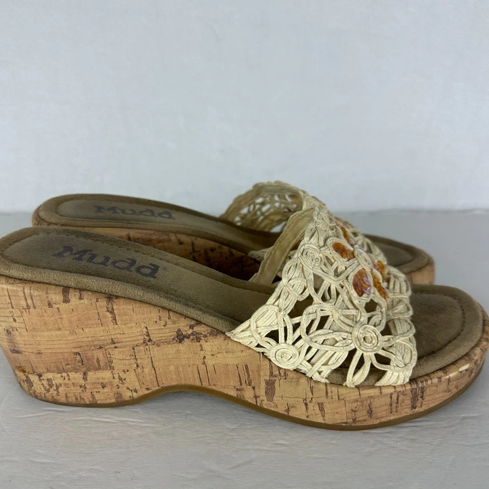 Sandalia Mudd Vintage Y2K Plataforma Corcho Talla 9 Rafia Floral Lentejuelas Años 90 Gruesa Foto 2 de 4